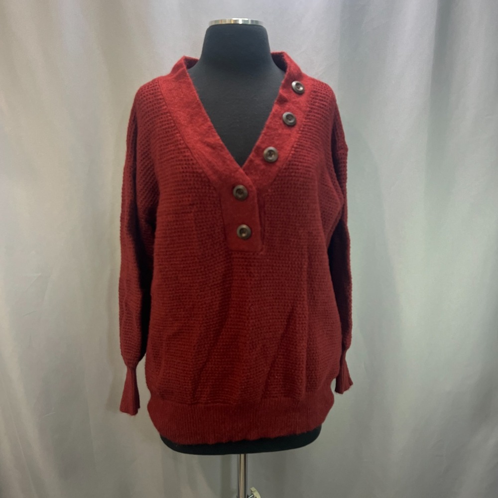Forever 21 Open Knit Buttoned Sweater Womens Small Maroon Relaxed Ribbed Trim